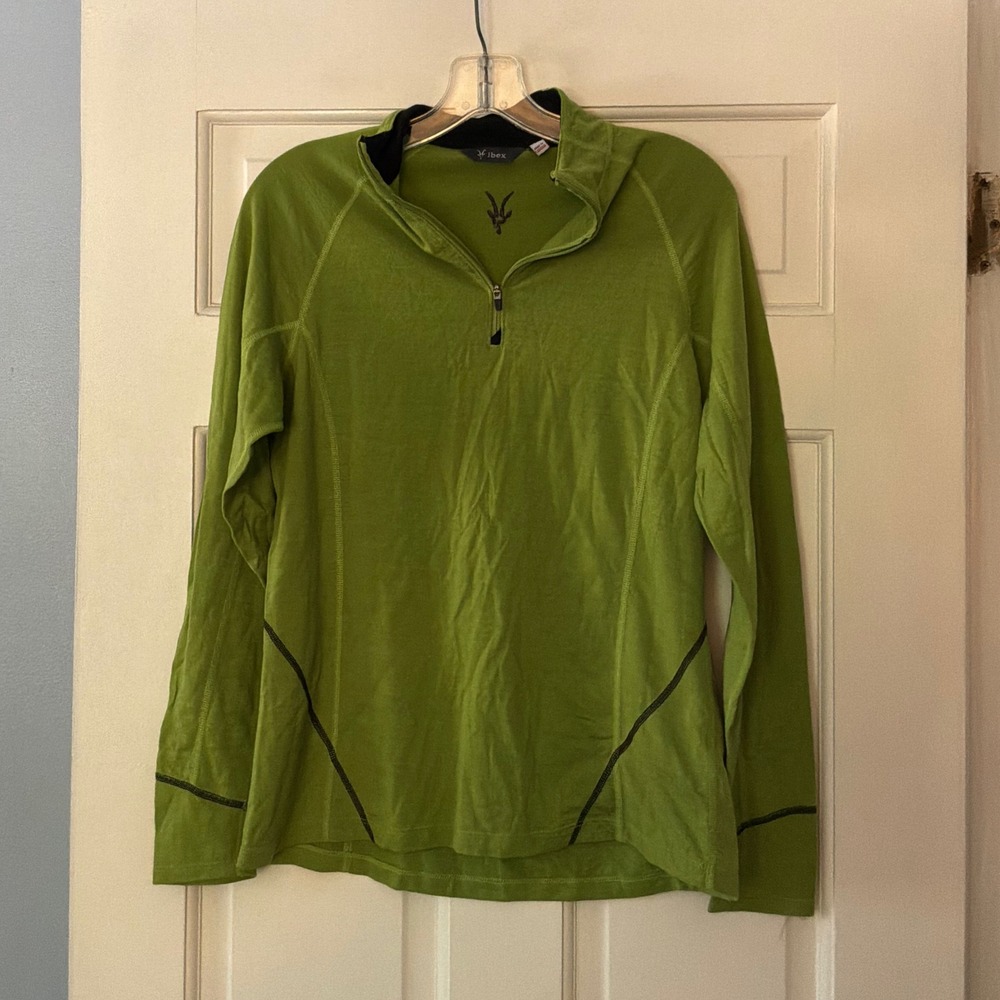 Ibex Womens L Merino Wool Quarter Zip Base Layer Green Hiking Top Active Outdoor